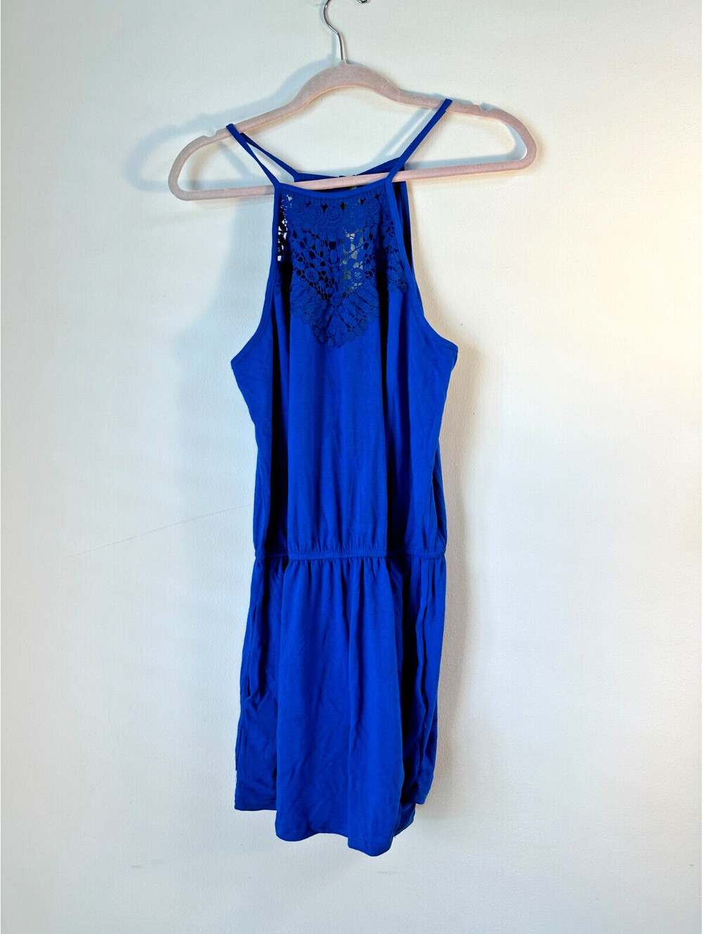 Women’s Royal Blue Crochet Back Tank Romper Sleeveless Casual Size M